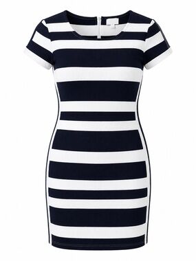 Navy White Striped Textured Knit Sheath Dress Short Sleeve Size 4 NWOT